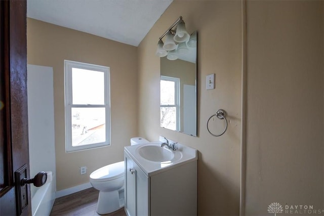 bathroom with plenty of natural light, toilet, wood-type flooring, and vanity