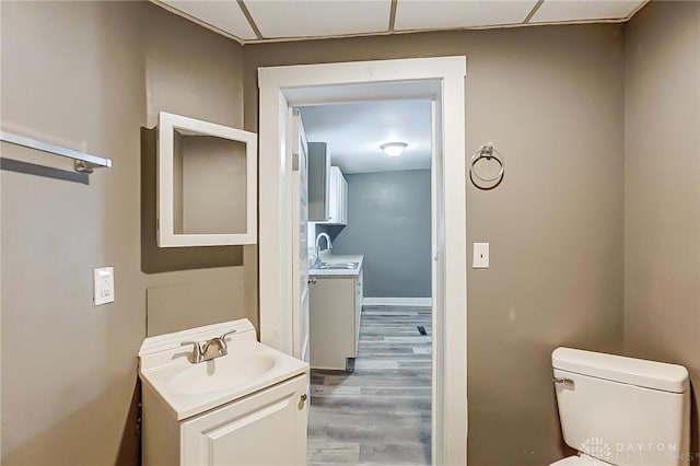 bathroom with wood-type flooring, vanity, and toilet