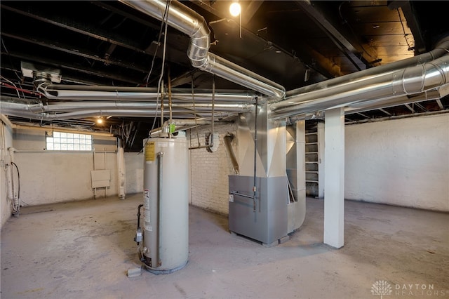 basement with heating unit and water heater