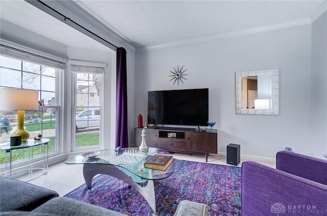 carpeted living room with ornamental molding