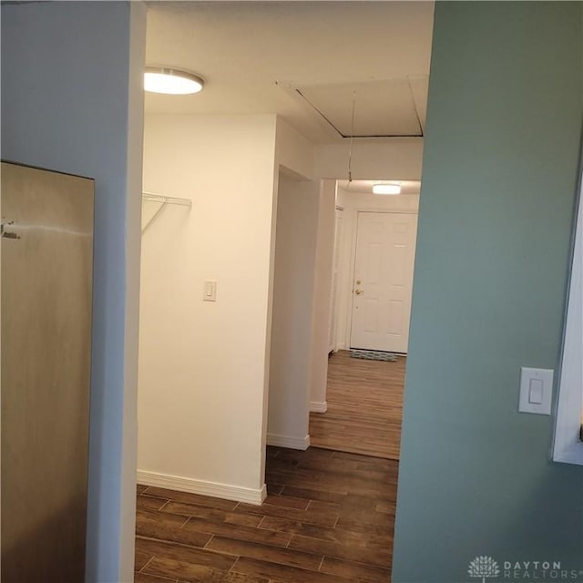 1246 Angiers Dr, Dayton, OH 45417 - hallway with attic access, baseboards, and dark wood-style floors