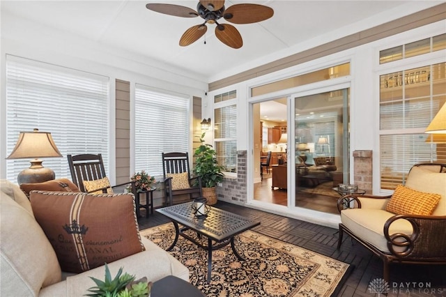 living room featuring ceiling fan