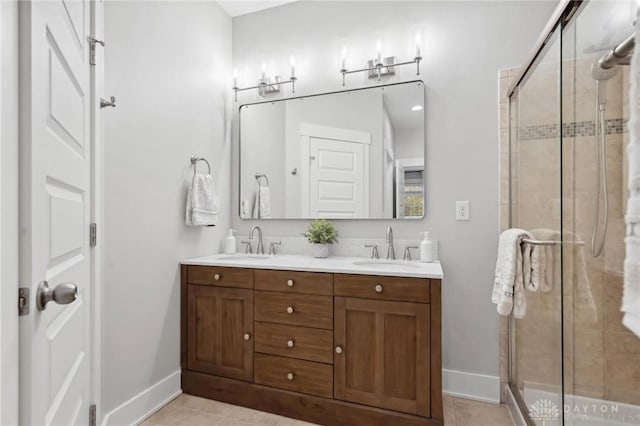 bathroom with tile patterned floors, vanity, and walk in shower