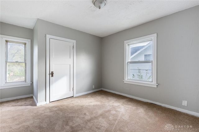 empty room featuring light colored carpet and a textured ceiling