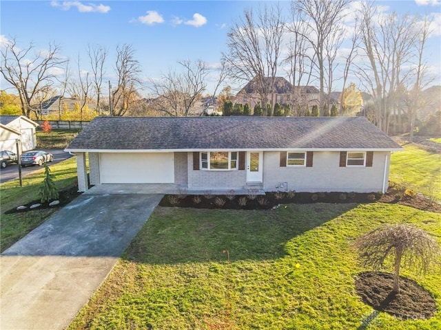 single story home with a garage and a front yard