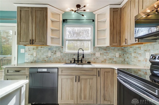 kitchen featuring backsplash, sink, black appliances, light brown cabinets, and an inviting chandelier