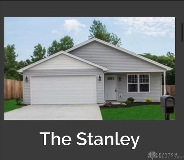 ranch-style house featuring a garage and a front lawn