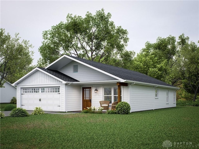 ranch-style home featuring a front lawn and a garage