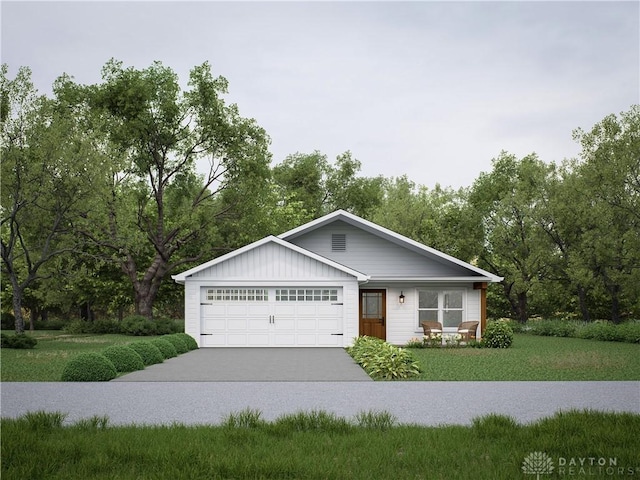 118 Arthur Ave, Carlisle, OH 45005 - single story home featuring an attached garage, board and batten siding, a front lawn, concrete driveway, and view of scattered trees