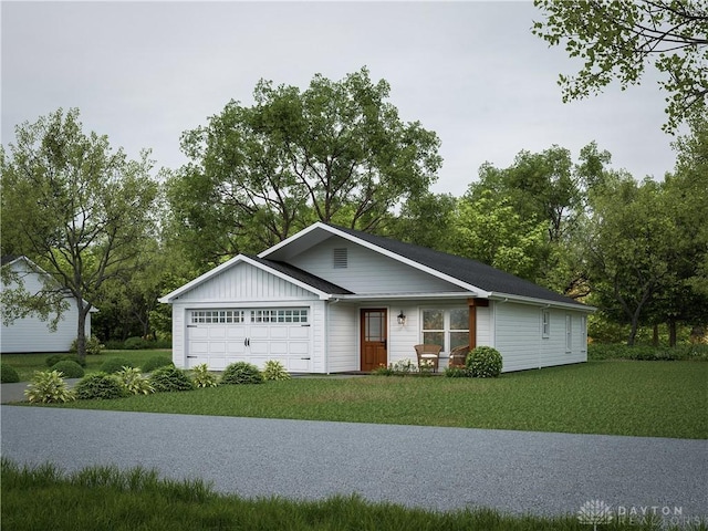 ranch-style house with a front yard and a garage