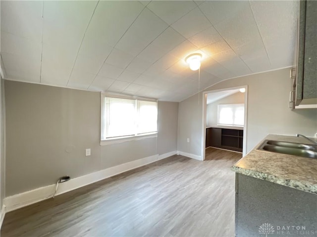 interior space with hardwood / wood-style flooring, sink, and vaulted ceiling