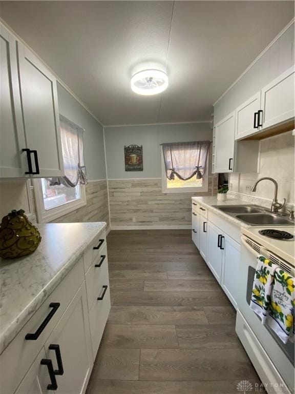 kitchen with white range with electric stovetop, dark hardwood / wood-style flooring, white cabinetry, and sink