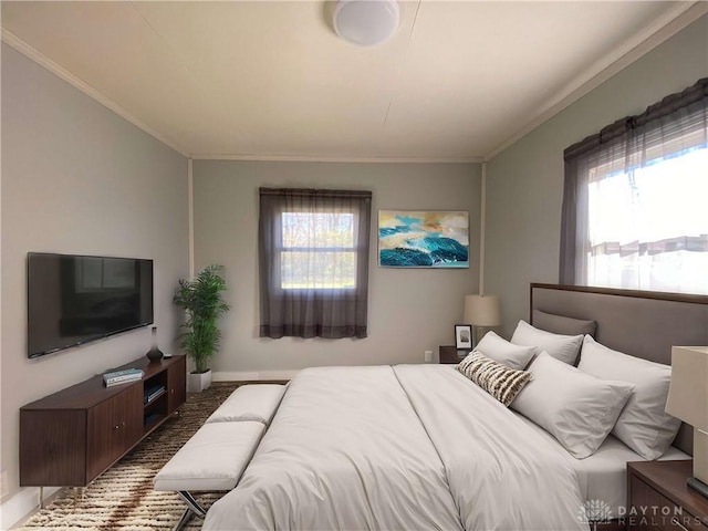 carpeted bedroom featuring multiple windows and crown molding