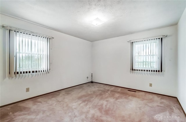 empty room with a textured ceiling, light colored carpet, and a healthy amount of sunlight