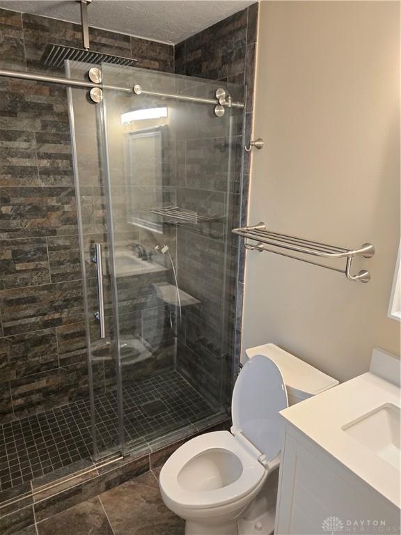 bathroom with vanity, toilet, and walk in shower