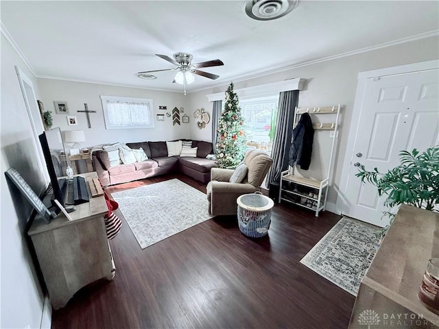 living room with ceiling fan, dark hardwood / wood-style flooring, and crown molding