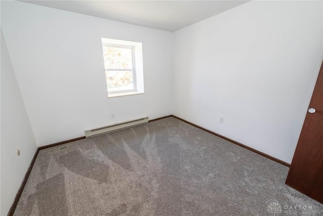 carpeted empty room featuring a baseboard radiator