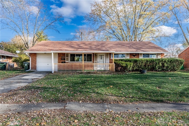 ranch-style home with a porch, a garage, and a front lawn