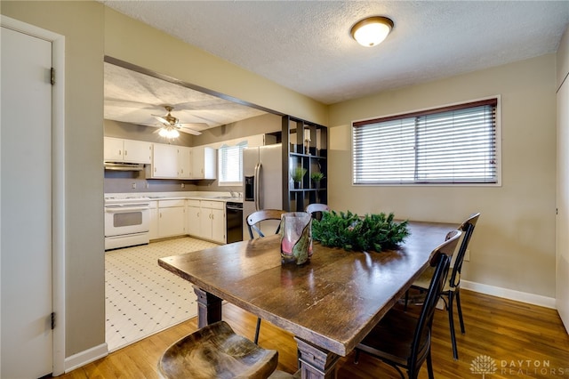 dining space with ceiling fan, a textured ceiling, and light hardwood / wood-style flooring