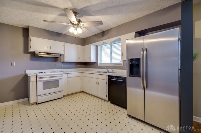 kitchen with white cabinetry, a textured ceiling, stainless steel fridge, black dishwasher, and white range with electric cooktop