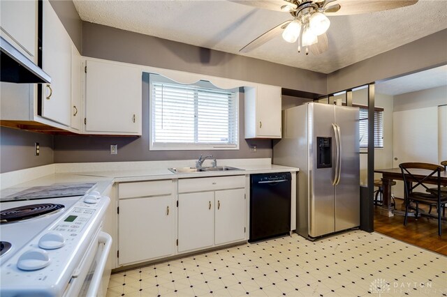 kitchen featuring sink, white electric range, stainless steel fridge, dishwasher, and white cabinetry