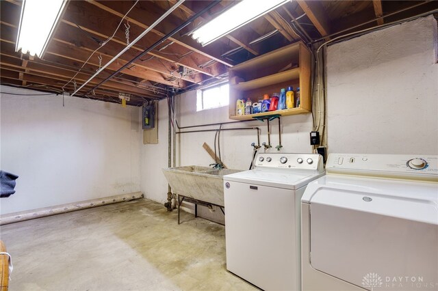 laundry room with sink, washer and clothes dryer, and electric panel