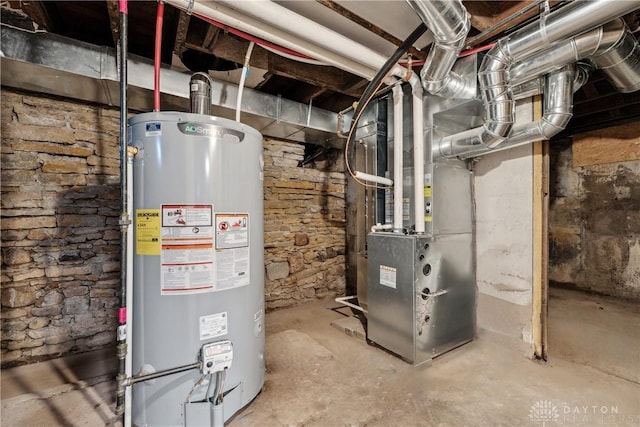 utility room with gas water heater and heating unit