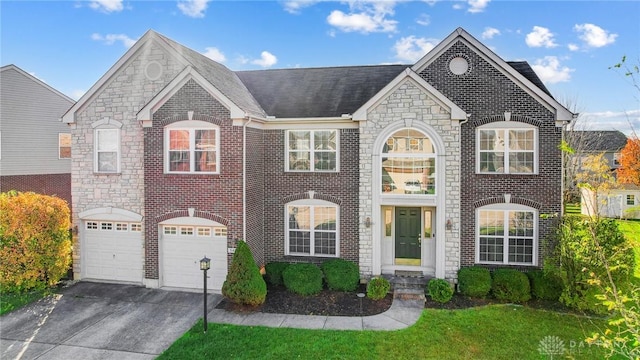 view of front of house featuring a front yard and a garage