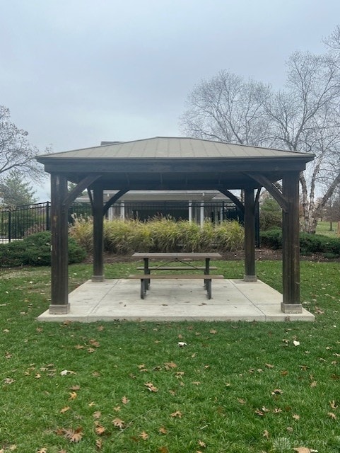 view of community featuring a gazebo and a lawn