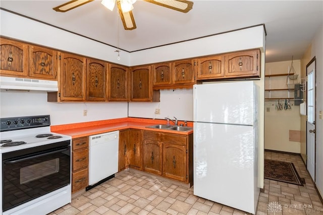 kitchen with ceiling fan, sink, and white appliances