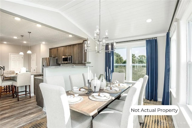 dining area with dark hardwood / wood-style flooring, lofted ceiling, wooden ceiling, and an inviting chandelier