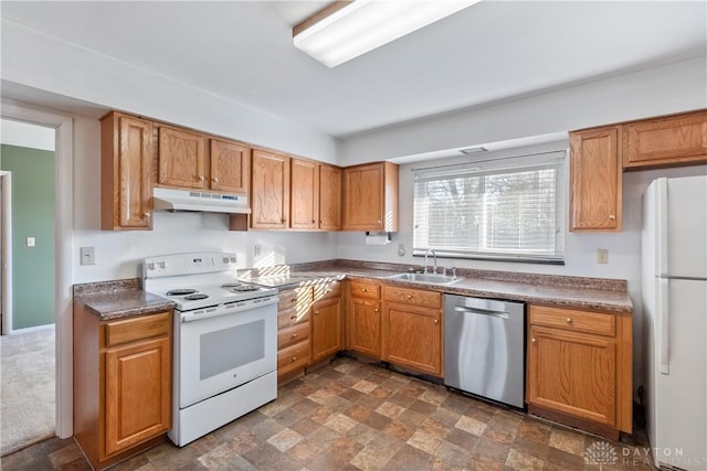 kitchen featuring white appliances and sink