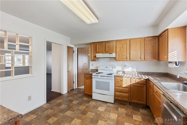 kitchen with white range with electric stovetop, stainless steel dishwasher, and sink