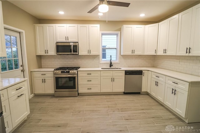 kitchen with stainless steel appliances, white cabinetry, plenty of natural light, and sink