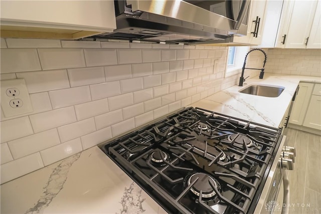 kitchen with white cabinets, backsplash, light stone countertops, and sink