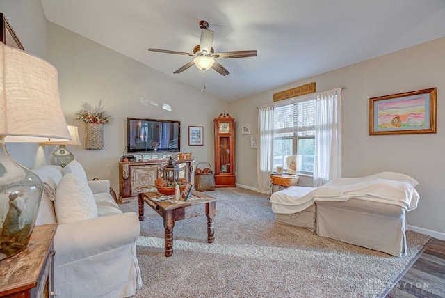 living room with lofted ceiling and ceiling fan