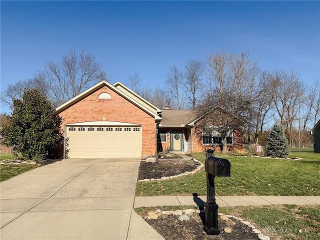 ranch-style home with a garage and a front lawn