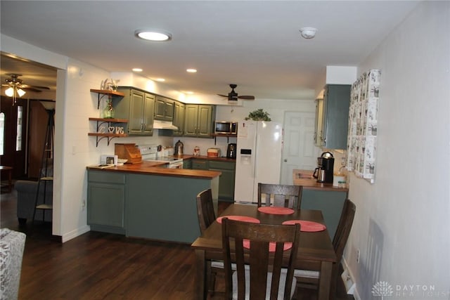 kitchen with open shelves, under cabinet range hood, dark wood-style floors, white appliances, and a peninsula