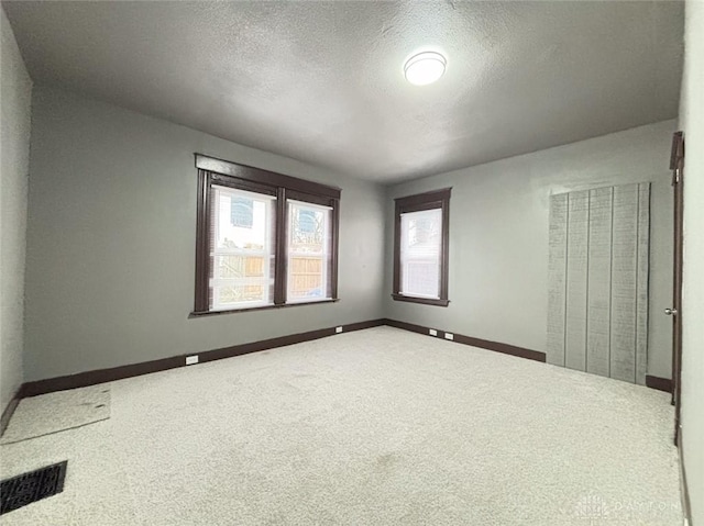 unfurnished bedroom featuring multiple windows, carpet floors, and a textured ceiling