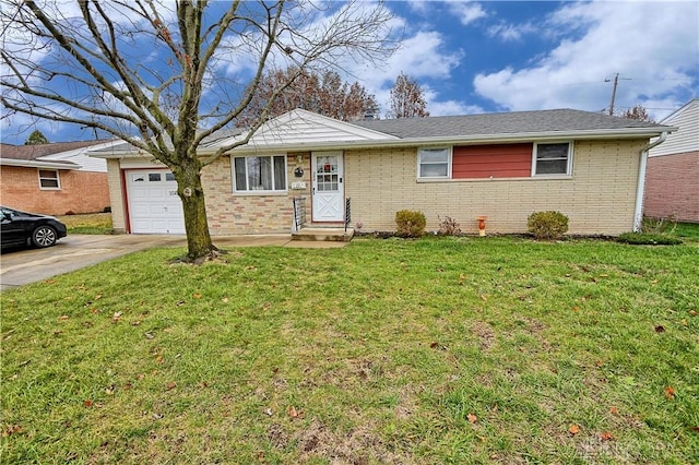 single story home featuring a front yard and a garage