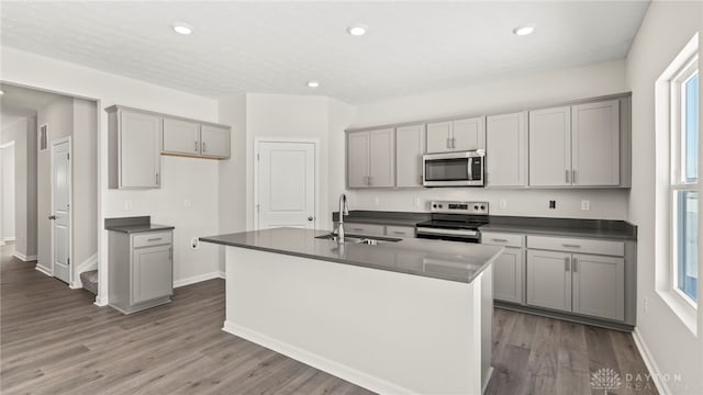 kitchen featuring appliances with stainless steel finishes, dark countertops, a sink, and an island with sink