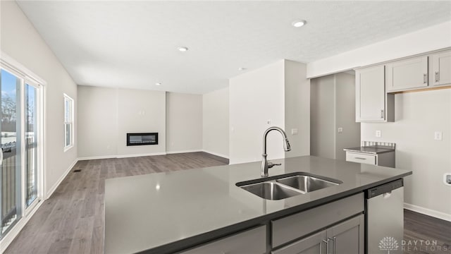 kitchen featuring a glass covered fireplace, gray cabinets, a sink, and dishwasher