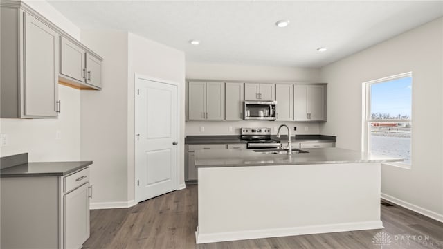 kitchen featuring a kitchen island with sink, stainless steel appliances, a sink, gray cabinets, and dark countertops