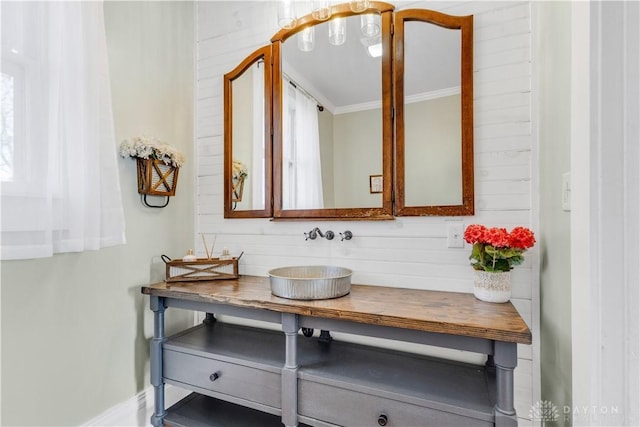 bathroom with crown molding, vanity, and a healthy amount of sunlight