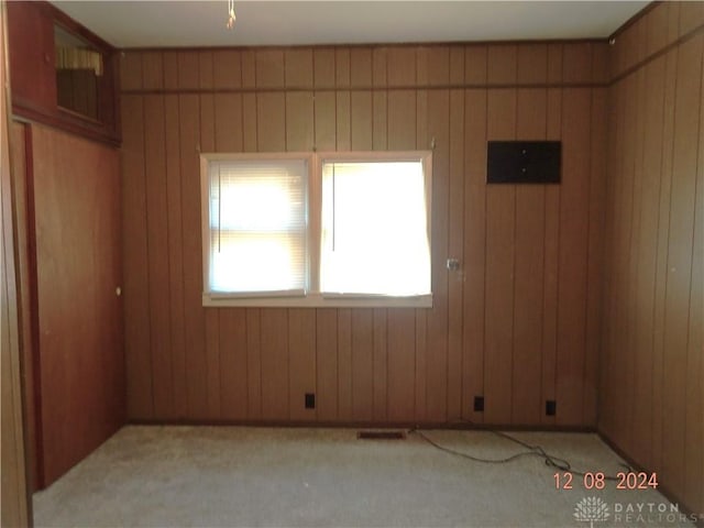 spare room with light carpet and wooden walls