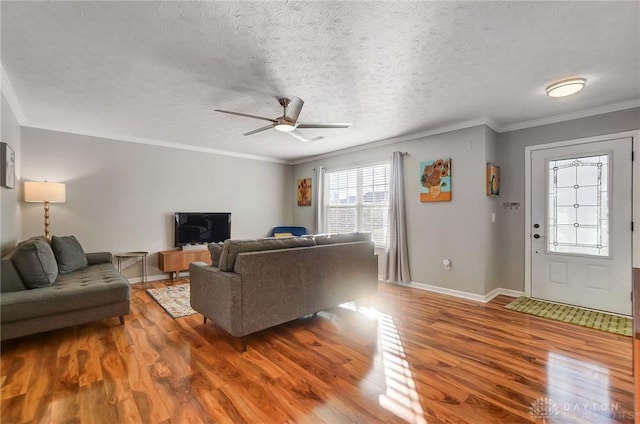 living room with ceiling fan, crown molding, a textured ceiling, and light wood-type flooring