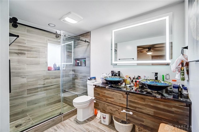 bathroom with vanity, toilet, and a shower with shower door