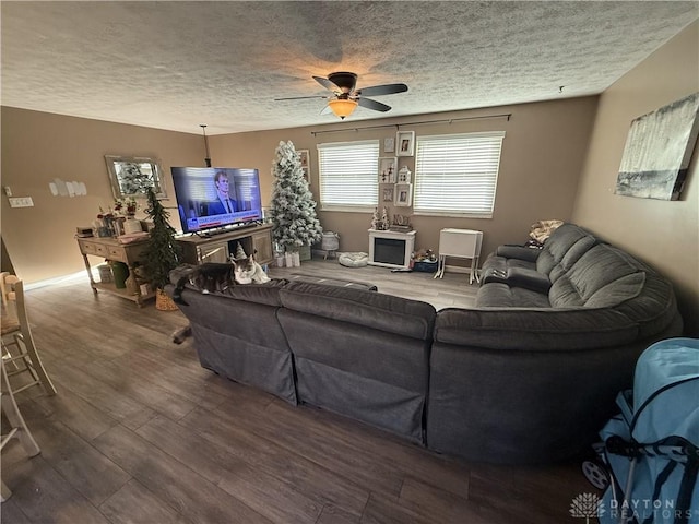 living room featuring ceiling fan, wood-type flooring, and a textured ceiling