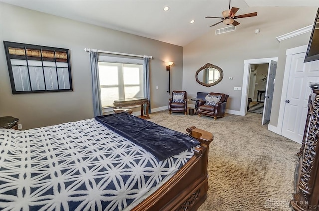 carpeted bedroom featuring vaulted ceiling and ceiling fan