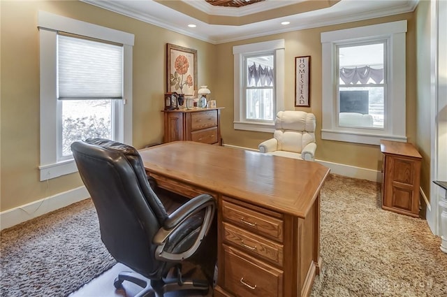 home office featuring carpet, plenty of natural light, and crown molding